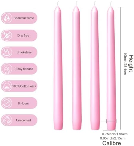 Everymoment Pink Taper Candles - 24 Pack 10 Inch Candlesticks - Dripless & Smokeless for 8 Hours - Unscented Paraffin Wax - Ideal for Wedding Mother’s Day Valentine's Day Baby Shower & Romantic Decor