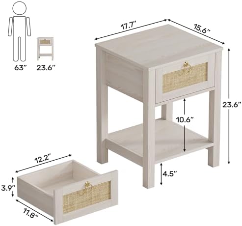 Eclatara Rattan Nightstand Set of 2 with Rattan Decor Drawer