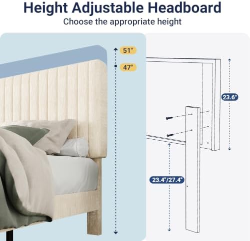Allewie Full Bed Frame, Upholstered Platform Bed with Adjustable Vertical Channel Tufted Headboard, Mattress Foundation with Strong Wooden Slats, Box Spring Optional, Easy Assembly, Cream White