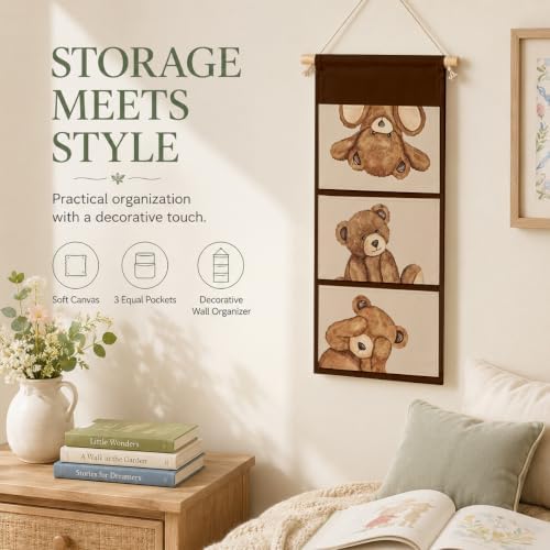 IAXIC Teddy Bear Wall Organizer, Canvas Pockets for Nursery Room