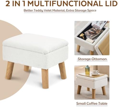 Storage Ottoman, Small Foot Stool Ottoman with Storage, Teddy Velvet Foot Rest with Wood Legs, Footstool for Living Room, Bedroom, Entryway, White