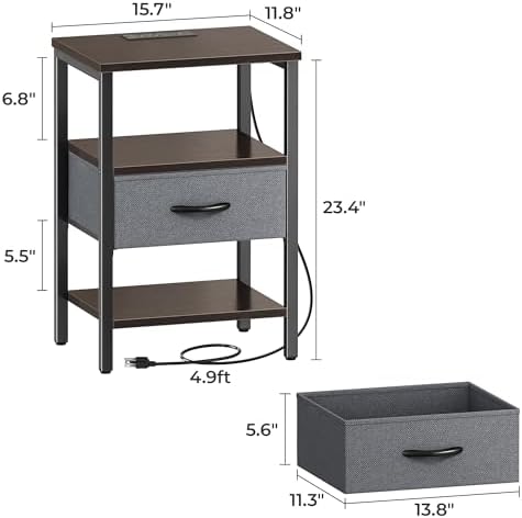 SUPERJARE Nightstand Set of 2 with Charging Station, USB-C Port, End Tables
