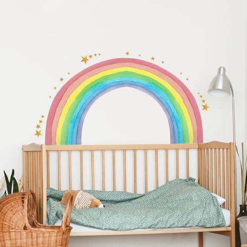 Large Rainbow Wall Decals Water Color Rainbow Stars Wall Decal DIY Vinyl Mural Art for Girls Baby Nursery Bedroom Playroom Home Decoration