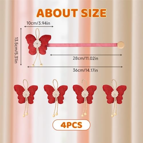 4 Pcs Cute Butterfly Curtain Holdbacks,Magnetic Curtain Tie Backs Decorative Rope for Living Room Bedroom Kitchen Bathroom Decoration (Red)