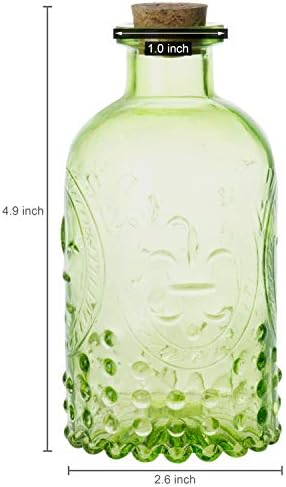 MyGift Vintage Embossed Green Glass Small Reed Diffuser Bottle with Cork Lid, Decorative Flower Bud Vase, Set of 2