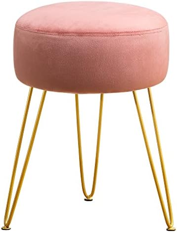 LUE BONA Vanity Stool, Pink Vanity Stools for Makeup Room, Round Ottoman Foot Stool, Velvet Footrest Vanity Chair for Bathroom Vanity, Bedroom, Living Room, Entryway, Offices, 300lbs