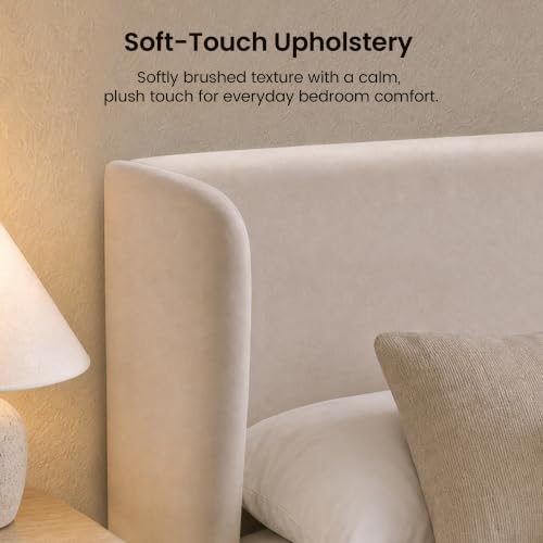 ModernMate Queen Upholstered Platform Bed Frame, Wingback Headboard, Beige