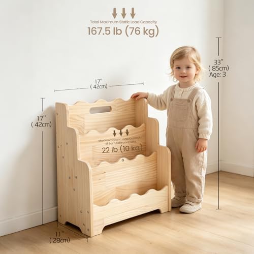 LINMAGCO Scalloped Kids Bookshelf, 3-Tier Montessori Toddler Bookcase, Front-Facing Book Organizer with Handle, Solid Pine Wood, Nursery Book Shelves for Bedroom Playroom Classroom & Reading Corner