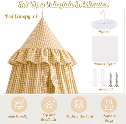 SmoothNovelty Gingham Plaid Bed Canopy, Yellow White, Round
