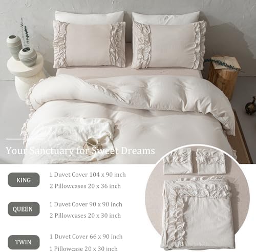 Bedorm Beige Duvet Cover Queen Shabby Chic Bedding Soft Breathable Washed Microfiber Ruffle Duvet Cover Coquette Cute Comforter Cover Girls Women