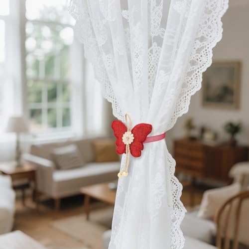 4 Pcs Cute Butterfly Curtain Holdbacks,Magnetic Curtain Tie Backs Decorative Rope for Living Room Bedroom Kitchen Bathroom Decoration (Red)