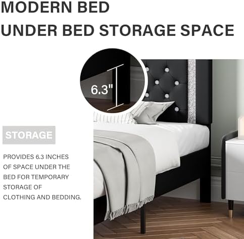 Full Size Bed Frame, Faux Leather Upholstered Bed with Diamond Headboard