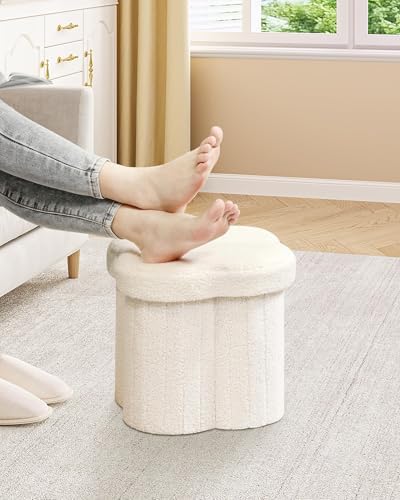 B FSOBEIIALEO Storage Ottoman Cube,12.6" Flower Shaped Ottomans,Cream White