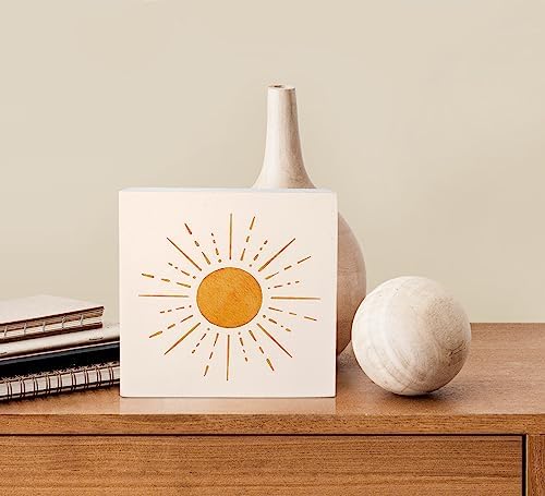 KU-DaYi Abstract Boho Sun Orange Sunrise Sunshine Wood Box Sign Rustic Farmhouse Style Wood Block Plaque Decor for Bohemian Home Girls Room Wall Desk Shelf Decoration