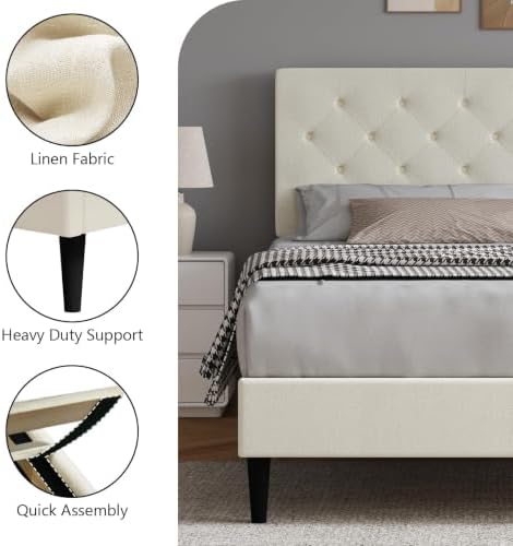 HOMBCK Queen Bed Frame with Adjustable Headboard, Cream