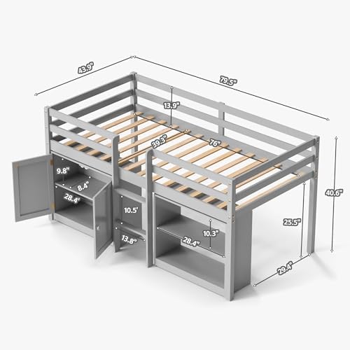 Low Loft Bed Twin Size with Storage Cabinet for Kids, Grey