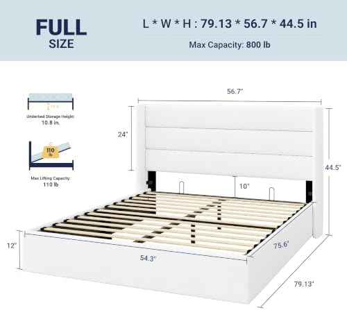 Allewie Full Size Lift Up Hydraulic Storage Bed Frame White