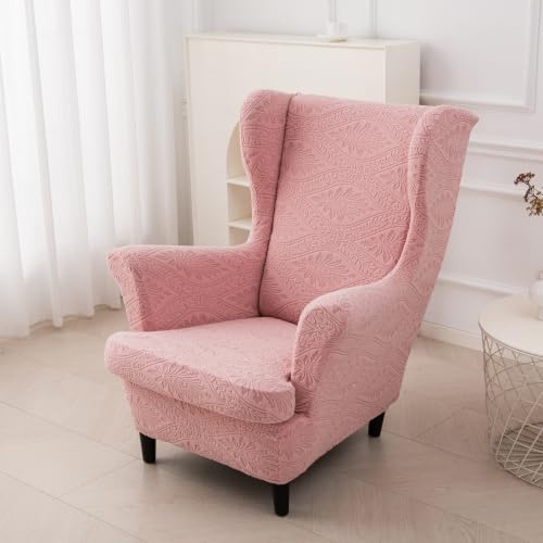 HZDHCLH Wingback Chair Slipcovers 2 Piece Stretch Spandex Chair Covers Washable Armchair Protector with Elastic Fit for Living Room Bedroom Pink Embossed Leaf Pattern