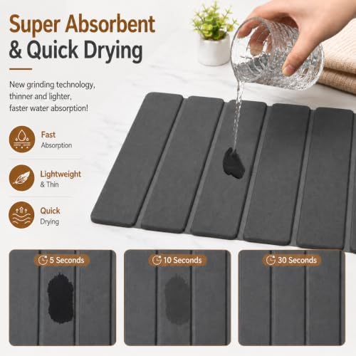 Extra Large Stone Dish Drying Mat for Kitchen Counter, Thin & Light Quick Dry Stone Dishes Mat, Foldable Water Absorbing Diatomite Drying Pad for Kitchen Bathroom Sink Countertop (Pure Gray 32"x16")