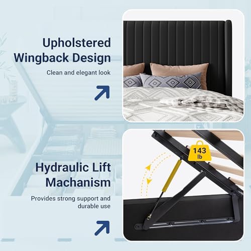 Allewie King Size Lift Up Storage Bed Frame Channel Tufted Headboard Black