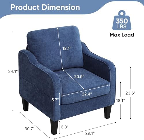 Accent Chair for Living Room, Mid Century Modern Reading Chair for Bedroom, Upholstered Armchair with Side Pockets, Comfy Single Sofa Side Chair for Office, Apartment, Small Room, Blue