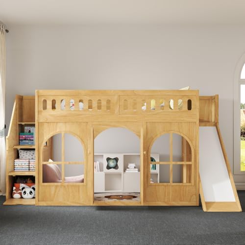 LUMISOL Full Size Wood Loft Bed with Slide and Storage Staircase, Solid Wood Playhouse Loft Bed with Wardrobe and Window, Natural