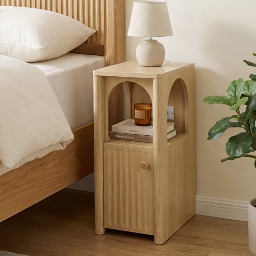 Narrow Nightstand with Charging Station, Slim Wood Bedside Table