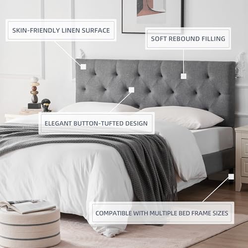 Linen Headboard King Size, Adjustable Height Headboard 37-51 in, Light Gray