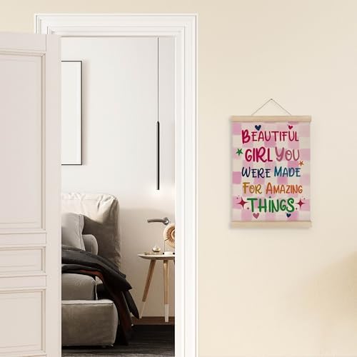 MAQIKA Inspirational Girls Room Poster Framed with Wood Hanger, Pink Girl Nursery Hanging Wall Decor, Motivational Canvas Wall Art Paints for Kids Toddler Girl Nursery Room Bedroom, 12x16 Inch