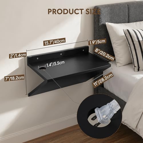 Floating Nightstand Set of 2 Black Wood Bedside Table Wall Mounted