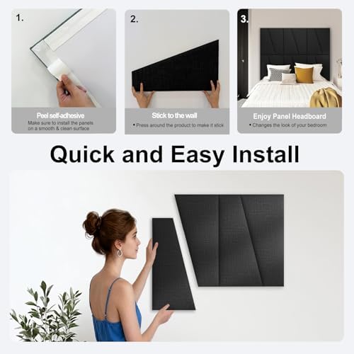 Fabric Upholstered Wall Mounted Headboard for Queen Bed Panels: Stick-On Headboard in Matte Black - Soundproof Padding for Bedroom & Living Room (6 Panels)