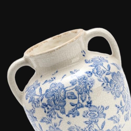 Ceramic Vase with Handles, Vintage Utensil Holder, Flower Decorative Vase Chinoiserie Decor Rustic Farmhouse Retro Floral Vases for Table Bookshelf Mantel Kitchen Living Room Office - 6.7” Blue 018