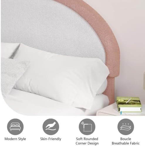 REVOMINCA Upholstered Platform Bed Frame, Boucle Queen Bed Frame with Headboard, White Bed Frame, Soft Rounded Corners, No Box Spring Required, Easy Assembly, Dusty Rose&White