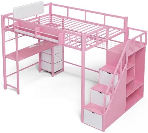 Full Loft Bed with Desk, Stair, Headboard and Storage (Pink)