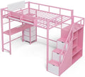 Full Loft Bed with Desk, Stair, Headboard and Storage (Pink)