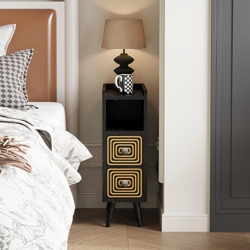 7.8" Narrow Nightstand Set of 2 with 2 Drawers & Open Storage,Black