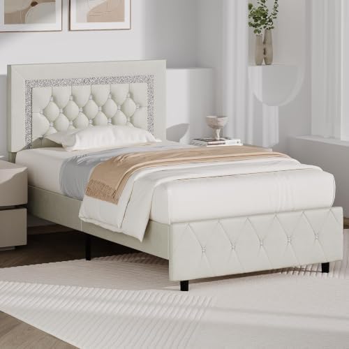 BarnFurin Twin Bed Frame with Diamond Tufted Headboard, Cream