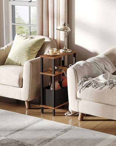 CHOEZON Set of 2 End Tables with Charging Station, Narrow Side Table for Small Spaces, Slim Nightstand with Basket, Skinny Bedside Table, for Living Room, Bedroom, Rustic Brown and Black TBZ07UP2BF