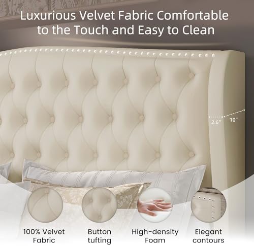 BRELTAM Upholstered King Size Bed Frame Velvet Beige Tufted Platform Bed Frame with Wingback Headboard & Footboard, with Deep Button Tufted & Nailhead Wooden Slats Support, No Box Spring Needed