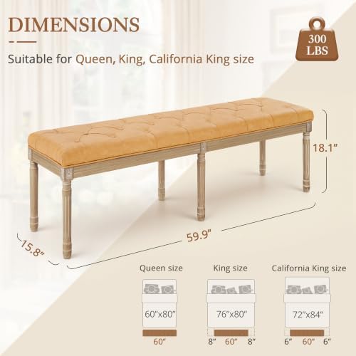 LUE BONA 60" Leather End of Bed Bench, Upholstered Tufted French Bedroom Bench with Carved Wood Legs for Bedroom End of King Size Bed, Living Room, Honey Tan