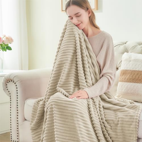 BEDELITE 3D Ribbed Linen Color Fleece Throw Blanket for Couch, 50x70 Inch