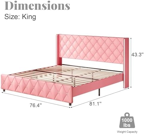 HOMBCK King Bed Frame with Leather Headboard, Silverside Wingback, Pink