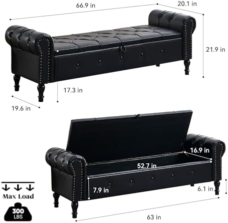 Storage Bench 67" Faux Leather End of Bed Benches Obsidian Black