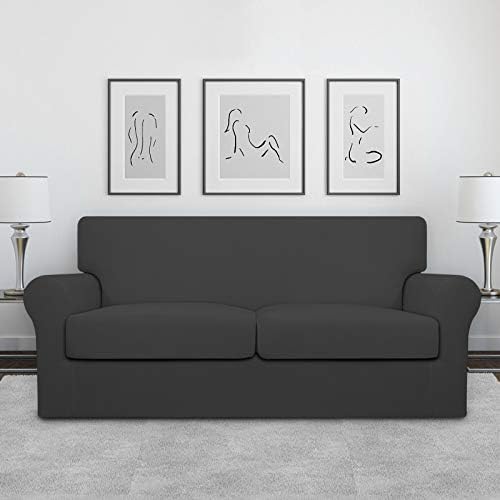 Easy-Going Oversized 3 Pieces Stretch Fleece Soft Loveseat Sofa Couch Cover for Pets - Washable Sofa Slipcover for 2 Separate Cushion Couch - Elastic Furniture Protector for Dogs, Kids, Dark Gray
