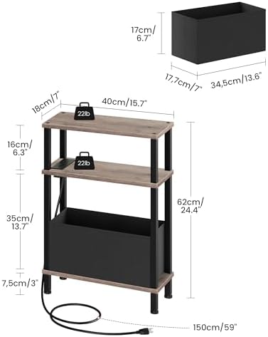 CHOEZON Small Narrow Side Table with Charging Station, Skinny End Table with Fabric Basket, Slim Nightstand for Small Spaces, Sofa Side Table, for Living Room, Bedroom, Greige and Black TBZ07UFH