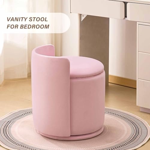 360° Swivel Makeup Chair with Storage, Upholstered Accent Stool with Back, Round Vanity Stool Ottoman for Living Room, Makeup Room, Bedroom (Pink)