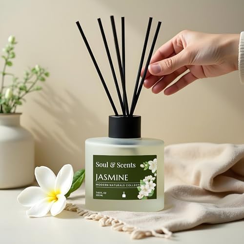 Soul & Scents Reed Diffuser Set – Jasmine | 7.43 oz Refillable Scented Oil with 6 Fiber Sticks | Long-Lasting Home Fragrance & Air Freshener for Bedroom, Bathroom, Office | Gift & Décor Piece