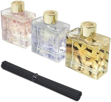 COCORRÍNA Reed Diffuser Set of 3-3 Pack/ 3.04 Fl.oz Diffuser with 24 Sticks Warm Vanilla/Cherry Blossom/Lavender Thyme Reed Diffuser for Home Bathroom Office Shelf Decor