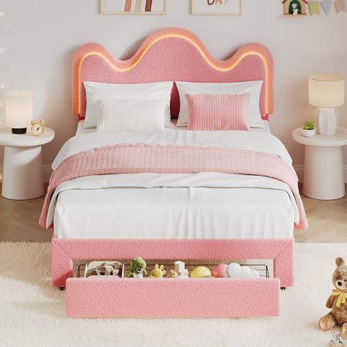 IDEALHOUSE Twin Bed Frame with LED Headboard and Under-Bed Drawer, Metal