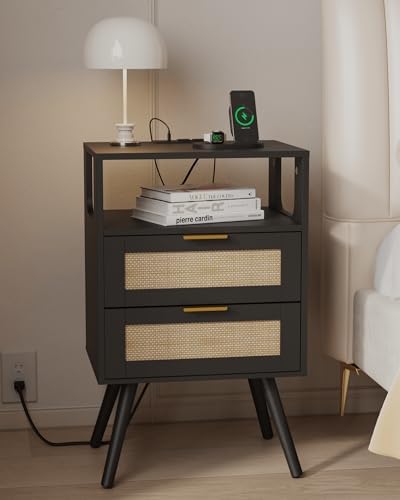 JOONEE Rattan Nightstand with Charging Station,Farmhouse Bedside Table with 2 Storage Drawer and Open Wood Shelf, for Bedroom and Small Spaces,Night Stand with Solid Wood Legs (Black-Outlet)
